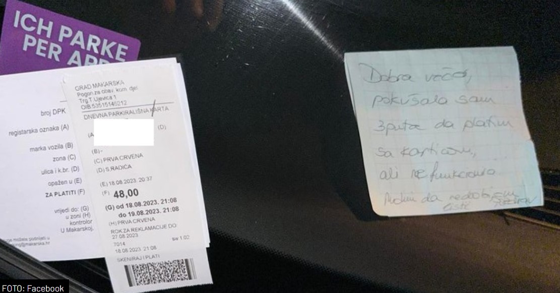 Žena u Makarskoj ostavila poruku na autu, ipak je dobila kaznu od 48 eura