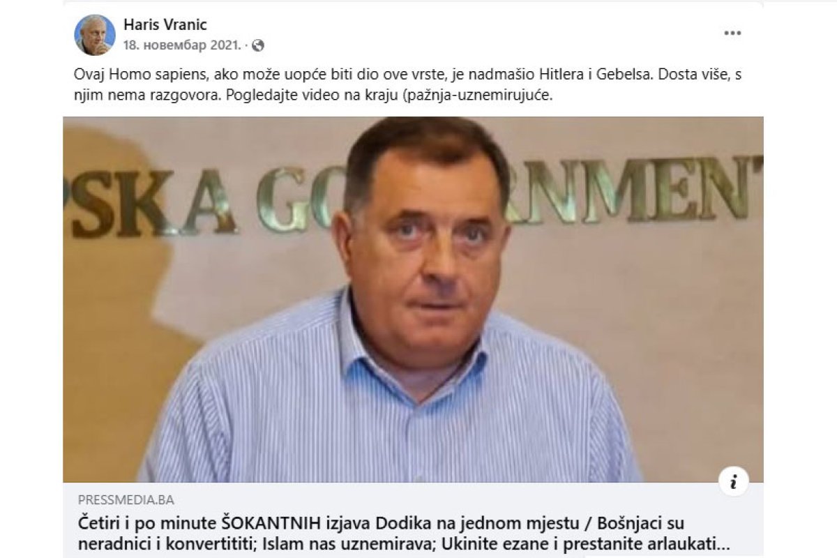 Vještak Vranić Dodika nazivao Hitlerom